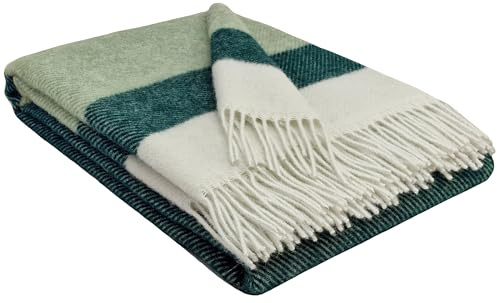 STTS International Wolldecke 100% Schurwolle Wohndecke in versch. Farben Tagesdecke Schurwolldecke Plaid 140 x 200 cm Tirol (Grün-Hellolive-Weiß (Streifen))