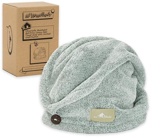 myHomeBody Serviette Wrap, Turban de Luxe Anti-frisottis à séchage Rapide, Ultra Doux et Absorbant en Fibre de Bambou à séchage Rapide, avec Bouton en Coquille de Noix de Coco – Pine Green