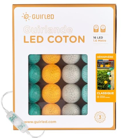 GuirLED - LED - Lichterkette mit Kugeln aus Baumwolle mit USB – Nachtlicht für Babys 2 Stunden – Netzadapter mit 2 A USB 2 A im Lieferumfang enthalten – 3 Intensitäten – 16 Kugeln 1.6 m – Halbkugel