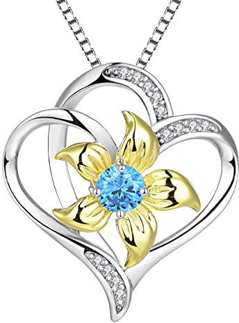 YL Collier Coeur Argent 925 couper Mars Pierres de Naissance Aigue-marine bleue Pendentif Amour Fleur de Lys pour Femme, Chaîne 45+3CM