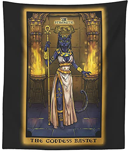 The Goddess Bastet Strength Tarot Card Tapestry - Egyptian Cat Goddess Bast Pagan Witch Wall Hanging Home Decor (60 x 50)