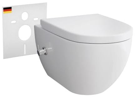 Alpenberger Wand WC mit Bidet Funktion | Dusch WC Kloschüssel & Toilettendeckel mit Absenkautomatik | Toilette Spülrandlos mit Armatur | Taharet WC Passend Geberit | Hänge WC Set mit Schallschutz