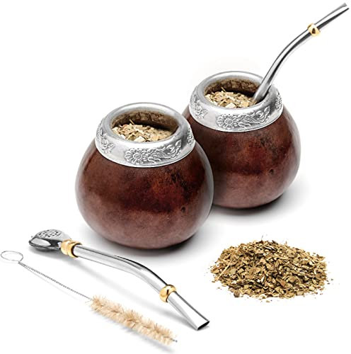 balibetov Kit Mate Argentino - Set de Mate de Calabaza Natural Hecho a Mano en Argentina - con Bombilla (Sorbete) para Yerba Mate (Marron Oscuro X2)