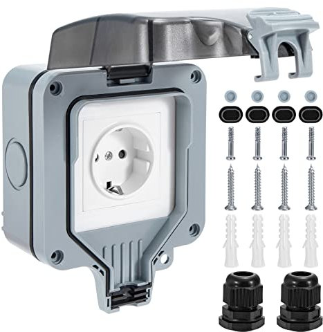 Presa da Esterno Impermeabile IP66 Prese Elettriche da Muro con Coperchio Incernierato Resistente Alle Intemperie per Cucina Bagno Garage e Giardino