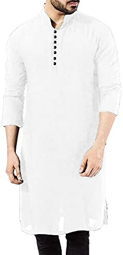 YAOHUOLE Kurta For Men Long Sleeve Kaftan Thobe Muslim Casual Shirt White 2XL