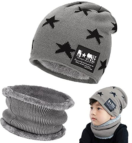 Tuofang Kinder Winter Warm Beanie Mütze und Loop Schlauchschal Set mit Fleece Gefütterte, Wintermütze und Loop Schal, für 5-15 Jahre Alt Jungen Mädchen Wintermütze Halswärmer Strickset (Grau)