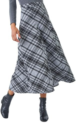 Roman Originals Check Print Stretch Skirt for Women UK - Ladies Everyday Holiday Autumn Winter Pull-On Elasticated Waistband Comfy Soft Evening Vacation Work Party - Grey Check - Size 20