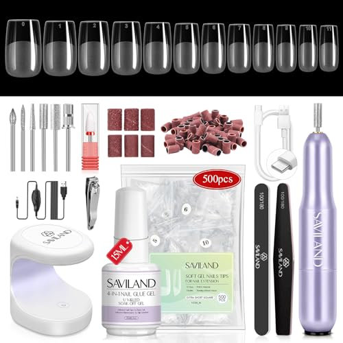 SAVILAND Nageltips and Glue Gel Starter Set mit Nagelfräser UV-Lampe, All-in-1 Set, 500 Pcs Full Cover Long Coffin Nail Tips Clipper 4-in-1 Glue Gel 0.5oz Zubehör für Nagelverlängerungen Nail Art