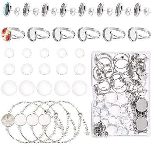 SUNNYCLUE 1 boîte 88 pièces Ensembles de Cabochons Anneaux Vierges Bracelet Plat Paramètres de Lunette Boucles D'Oreilles Demi-Rond en Verre Cabochons pour la Fabrication de Bijoux Bracelets Boucles D