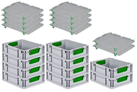 PROREGAL SuperSparSet 10x Eurobox NextGen Color mit Auflagedeckel & Schiebeschnappverschlüsse, HxBxT 12x30x40cm, 11L, Griffe grün geschlossen, Glatter Boden, Eurobehälter Transportbox
