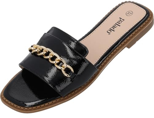 Palado Pantoletten Damen Pekiz - bequeme Sandalen - elegante Hausschuhe - modische Sommerschuhe mit Kettendetail Schwarz UK4,5 - EU37