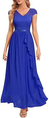 Gardenwed Robe de Cocktail Femme Longue pour Mariage Invité Bal Promo Robe Demoiselle d'honneur Pin up en Mousseline Col V Royal Blue L