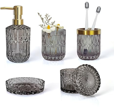 LaMarriti 5-Piece Black Glass Bathroom Accessory Set - Lotion Dispenser, Soap Dish, Toothbrush Holder, Tumbler, Cotton Swab Jars - Vintage Decor and Gift Set - Grey Black