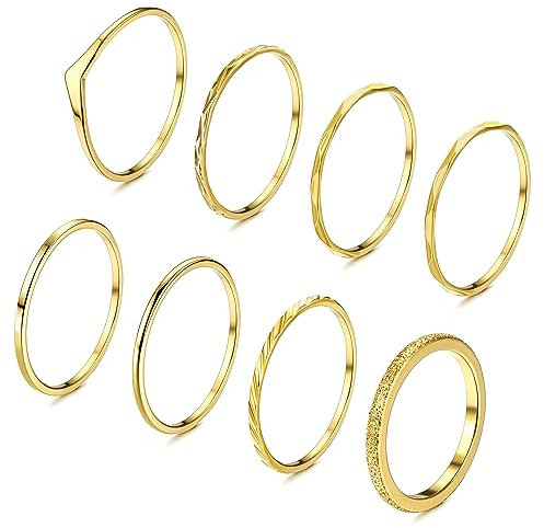 Adramata 8Pcs Gold Ringe für Damen - Edelstahl Einfaches Stapelbare Knöchelringe 14 Karat Vergoldet Set Minimalistisch Fingerring Boho Daumenring Frauen