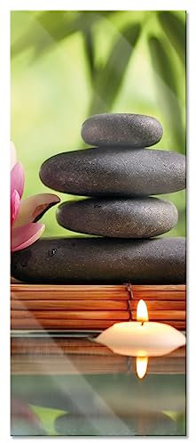 Tableau panoramique sur verre - Nénuphar avec pierres zen et bougies - 120 x 50 cm - Avec suspension et entretoises