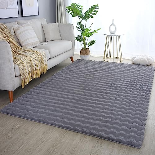 Carpetsale24 Teppich Läufer 80x150 cm Grau, Flauschiger Kunstfell Teppich in Felloptik mit Hoch-Tief Struktur & Bubble-Design, Super Weich, Plüschig für Wohnzimmer & Schlafzimmer