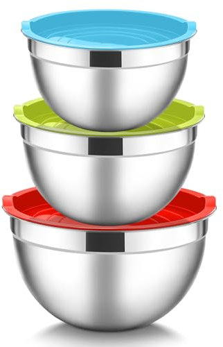 HaWare Lot de 3 saladiers gigognes en acier inoxydable avec couvercles hermétiques, bols de service en métal pour la pâtisserie/la préparation/le stockage des aliments, robustes et passent au
