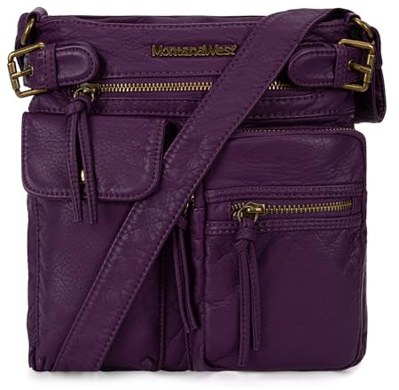 Montana West Umhängetasche für Damen, weiches gewaschenes Leder, mehrere Taschen, Crossbody-Tasche, Dunkles Violett, Small