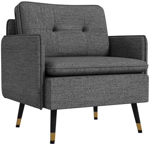 HOMCOM Fauteuil scandinave Dossier capitonné avec Passepoil en Tissu 76 x 68 x 80 cm - Gris et Pieds en métal Noir et doré