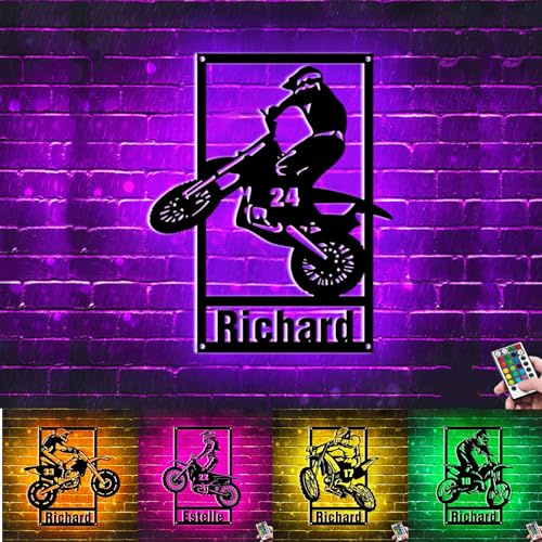 Personalisiertes Motocross-Fahrer-Namensschild aus Metall, Neonlichter, Motorrad-Wandkunst, Dekor, Motocross-Abenteuer-Schild, Dirt-Bike-Namensschild für Jungen, Herrenzimmer, Club