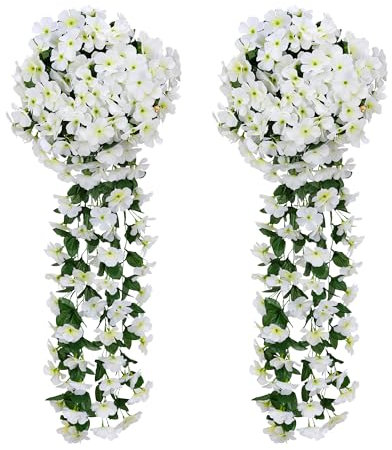 JUSTOYOU Artificial Wisteria Flower Garland,Faux Wisteria Hanging Flower White,Fake Hanging Basket Plant Silk Trailing Flower for Garden Wall Outdoor Inside Decoration(2pcs,White)