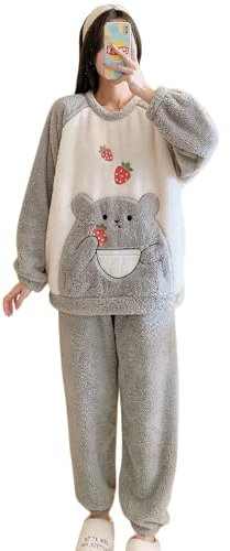 HIMI HIMIFASHION Pigiama da donna caldo e soffice, con ricamo a forma di orsetto fragola, girocollo in pile, Grigio, XXL