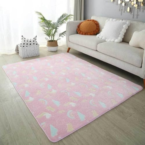 SCAUA Leucht Teppich Einhorn Leuchtender Wohnzimmer Teppiche Rosa Sterne Kinder Schlafzimmer Nachttisch Teppich Baby Spiel Krabbelmatte Kindergarten Kinder Zimmer Deko Kids Carpet (Rot,60x100 cm)