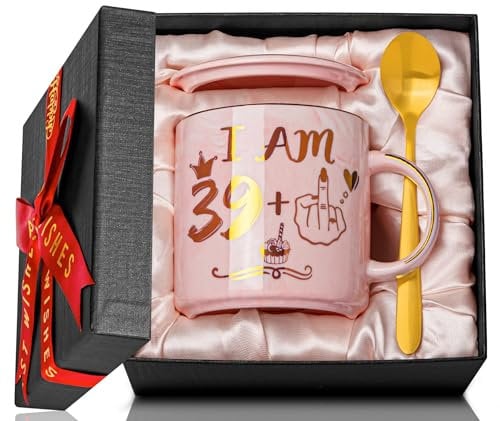Funny 40th Birthday Gifts for Women, 14oz Pink Marble Ceramic Coffee Cup Gift idea for Her Turning 40 Years Old as a Friendly Joke Birthday Celebration Mug Printed with Gold, Card, Nice Gift Boxed
