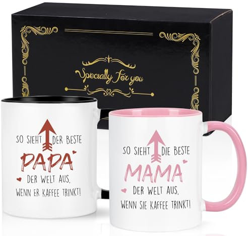 Joymaking Kaffeetass Geschenk Set für Mama Papa zum Vatertag Muttertag Weihnachten Geburtstag Geschenk von Kindern Papa Mama Tasse mit Spruch - So sieht der beste Papa/Mama der Welt aus, 320ml