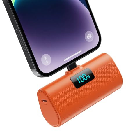 Mini Powerbank 5200mAh für iPhone,Klein Power Bank 20W PD 4.0A Schnellladefunktion Externer Akku, Compact LCD Digitalanzeige Akkupack Kompatibel mit iPhone 14/14/Pro Max/13/12/11/XR/XS/8/7/6s-Orange