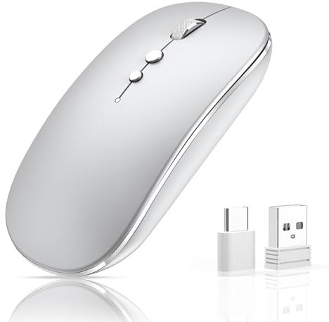 Wireless Mouse for Laptop Rechargeable, 2.4 GHz Wireless Computer Mouse Portable with USB/USB-C Dual Receiver,DPI,Back Button-Compatible with TypeC Device/AppleMacBook Air/Pro,iPad,Tablet,PC (Silver)