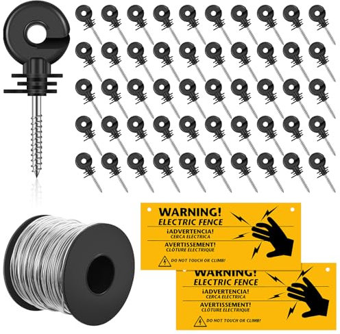 Yaocom Elektrozaun-Set, 65 m, Elektrozaundraht, 50 Stück Elektrozaunisolatoren und 2 Stück Elektrozaun-Warnschilder für Tierhaltung, elektronisch, 53-teilig