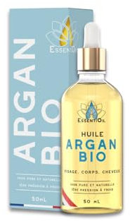 ESSENTIOIL Huile d'Argan Bio - 100% Naturelle - Nourrit la peau sèche, Prévient le vieillissement cutané. Redonne brillance aux cheveux, Fortifie les cils - Bouteille verre 50mL - Marque Française
