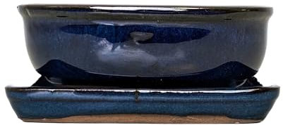 Generic 12cm Glazed Ceramic Bonsai Pots with Matching Drip Tray (Metallic Blue Rectangle)