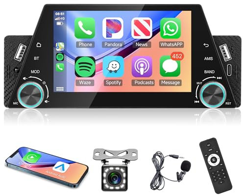 Rimoody Autoradio 1 Din mit Carplay Android Auto Bluetooth Freisprecheinrichtung 5 Zoll Autoradio mit Android/IOS Mirror Link Bluetooth FM Radio USB/AUX/Type C/DVR Rückfahrkamera Fernbedienungen