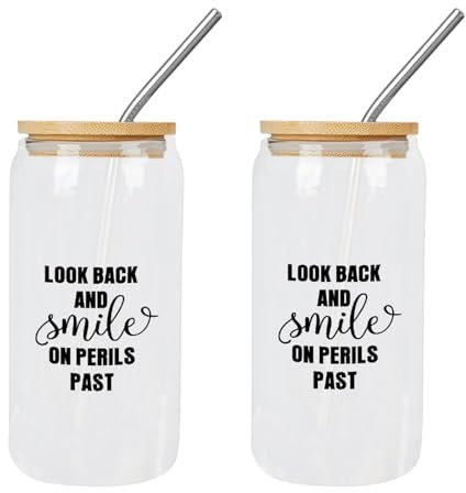 Yelolyio 2 vasos de vidrio con popote y tapa que mira hacia atrás y sonríe en peligros pasados, taza Boba, regalo para el día de la madre, ideal para cerveza, café helado