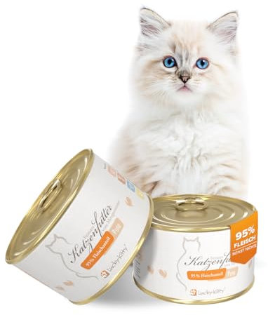 Lucky-Kitty Katzenfutter Nass Pute, 95% Fleisch I Katzenfutter ohne Getreide & Zucker, Lebensmittelqualität I Nassfutter für Katzen, Keine Zusätze I Kittenfutter Made in Germany (16x200g)