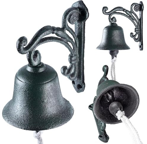 KADAX Cast Iron Door Bell, Garden Bell with Cord, Decorative Rustic Style Wall Bell, Bell for Outdoor Door, Wall Mounted Doorbell (Green)