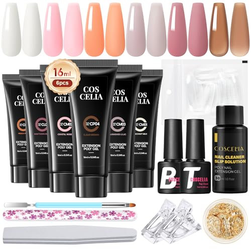 COSCELIA 16pcs Poly Nail Extension Gel Kit, 6 Couleurs 16ml Poly Nail Gel Kit à Ongles Builder Nail Gel avec Base et Top Coat Faux Ongles Slip Solution Cadeau pour Femmes