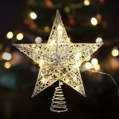 Lighted Christmas Tree Topper, 6.69 Inch Gold Christmas Tree Star with Warm White Fairy LED Lights, Glittered Hollow Tree Topper Star for Home Christmas Tree Decorations (Silver)