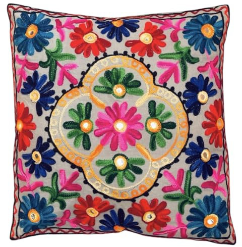 Original Kikan Suzani Kissenbezug, mehrfarbig, Blumenstickerei, 40 x 40 cm, indischer Ethno-Kissenbezug, Takiya Sofakissen, Reißverschluss auf der Rückseite, Grau