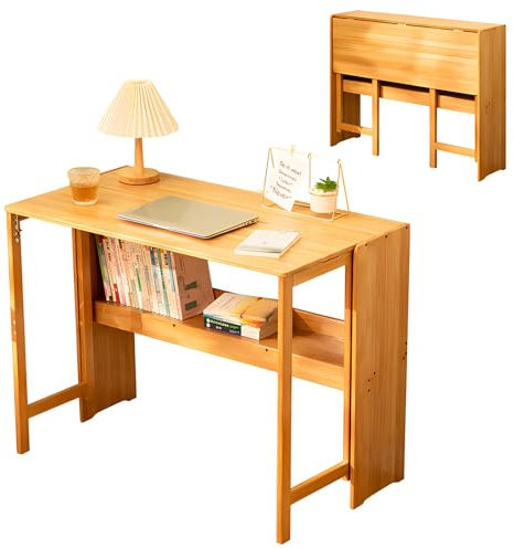Klapptisch mit Bücherregal, 102 cm, Computertisch, Platzsparend, Kleiner, Faltbarer Schreibtisch Klappbar für Zuhause, Schlafzimmer, Arbeitszimmer, Büro, Bambus-Arbeitsplatz Holzfarbe, 104 x 53 cm