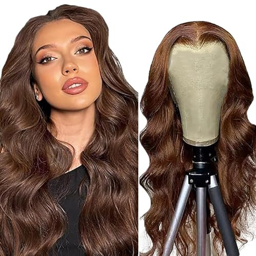 Weeybay Echthaar Perücke für Damen Perücken Body Wave Human Hair Wig 4X4 Lace Closure Wig Chocolate Brown 150% Density Unprocessed Brazilian Remy Hair Glueless Wig for Woman 16 Zoll