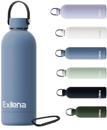 Exllena Trinkflasche Edelstahl mit Griff & Karabiner–500ml/750ml/1L/1,5L isolierte Thermosflasche, 100% auslaufsicher und BPA-frei, Wasserflasche thermo für Sport, Büro & Alltag (Walblau,500ML)