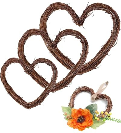 QLEUIFT 3 pcs Rotin Coeur Couronnes Naturelle Couronnes de Vigne Couronne en Osier Forme de Cœur à Suspendre Rustique en Rotin Couronnes Guirlandes pour DIY Décoration Murale de Porte