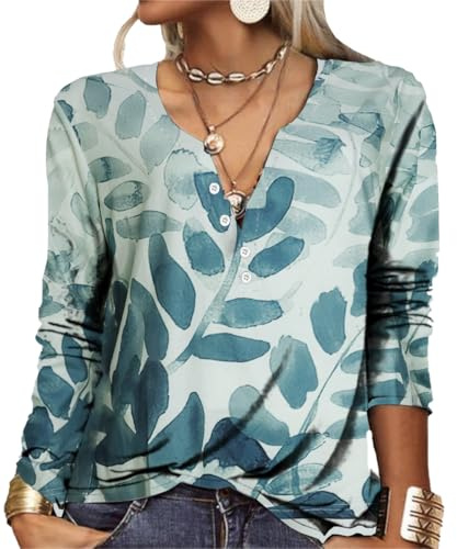 GRMLRPT T-Shirt col V Blouses à Manches Longues pour Femmes Imprimé Tunique Tops Lâche Chemisier T-Shirts pour Femmes Sweat-Shirt Tuniques Basiques Haut Automne(Style-A,S)