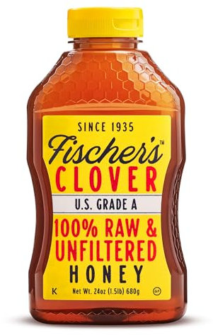 Fischer's 100% Pure Clover Honey - Unfiltered Raw Honey 24oz Squeeze Bottle - Pure Natural Sweetener - Rich Flavour Profile Packed With Nutrients