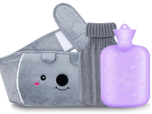 Hot Water Bottle with 2 Pack Soft Waist Cover, Rubber Pouch with Soft Plush Hand Waist Warmer Cover, Hot Water Bottle Belt for Neck, Shoulder, Back, Legs and Warm (Grey Dog)