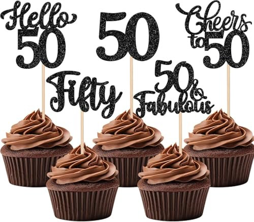 30 Stück 50th Geburtstag Tortendeko Glitzer Hello 50 Cheers to 50 Cupcake Toppers 50 & Fabulous Fifty Kuchen Deko für Prost auf 50 Geburtstag Jahrestag Party Kuchen Dekoration Schwarz