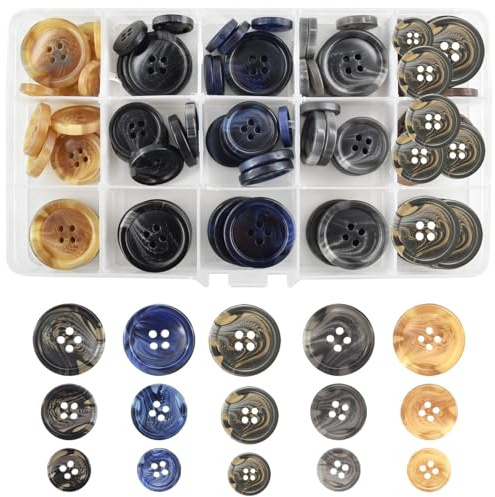 Harzknöpfe 90Stück Set - 5 Farben (Schwarz, Blau, Khaki, Grau, Kaffee), 3 Größen (15mm, 20mm, 25mm), Büffelhornimitatknöpfe für Anzüge, Mantel, Jacken und Hosen